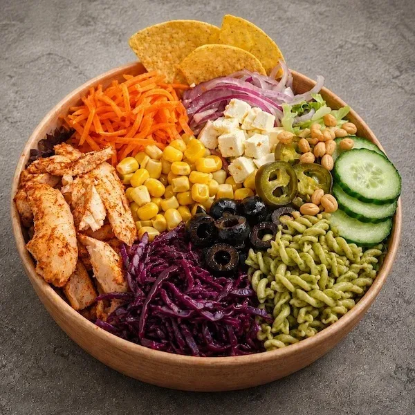 Salat bowl med kylling og pasta pesto